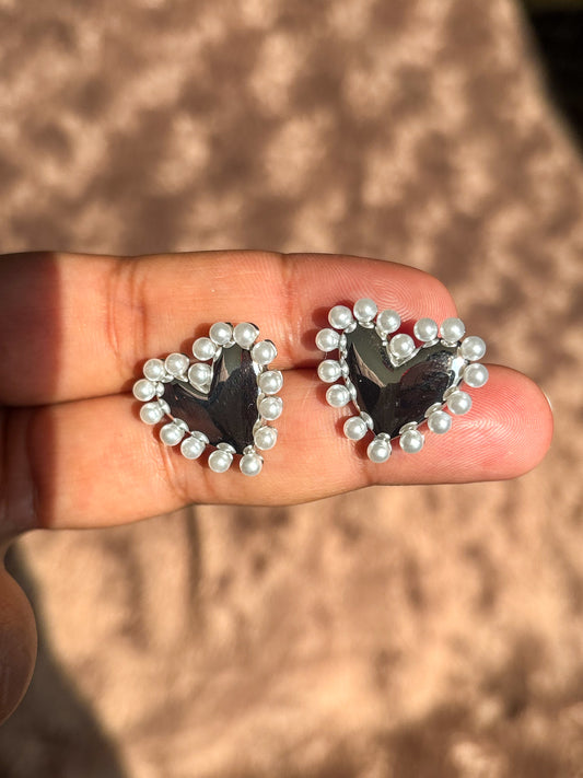 Silver Heart Pearl Studs