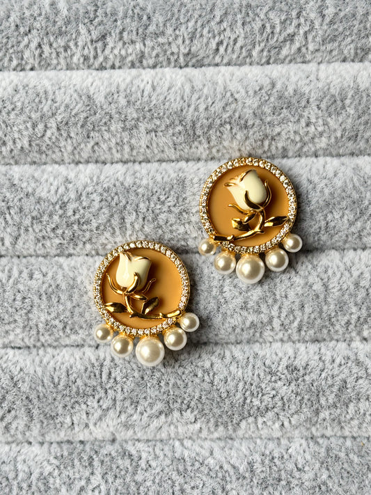 Pearl Studs with White Rose Embellishment – Anti Tarnish