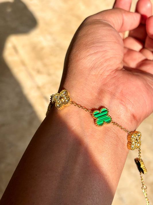 Green & Golden Clover Bracelet with Mini Diamonds Durable, Stylish & Stack-Friendly