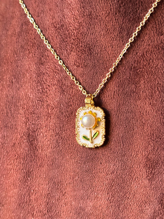 Enamel Flower & Pearl Pendant Necklace