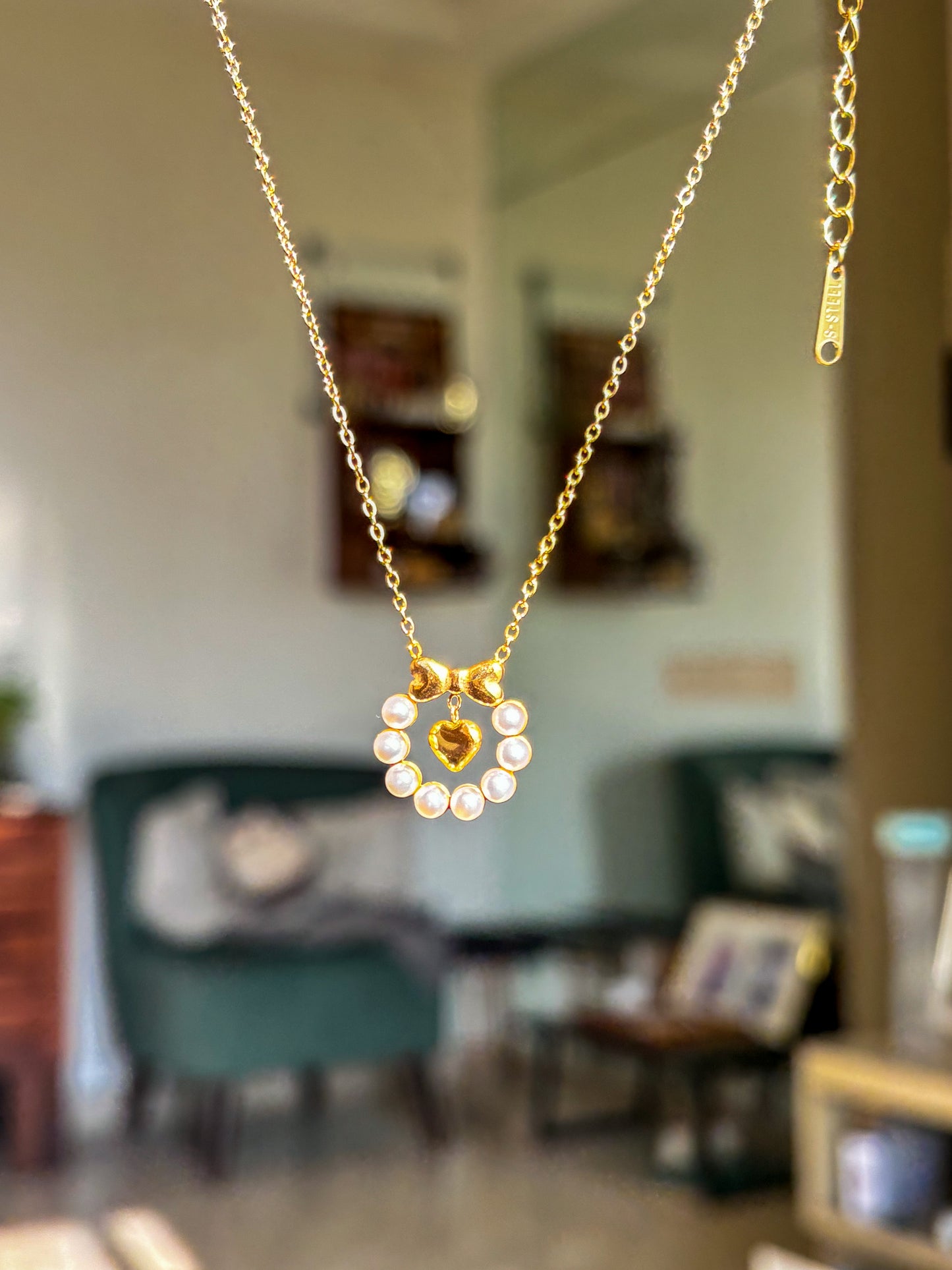 Gold Pearl Heart Pendant Necklace