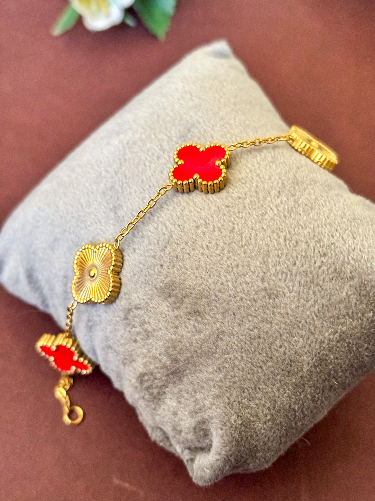 Red & Gold Classic Clover Charm Bracelet - Perfect for Stacking