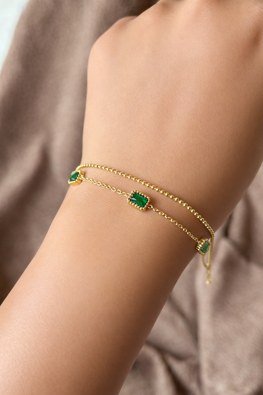 Emerald & Gold Dual Chain Bracelet