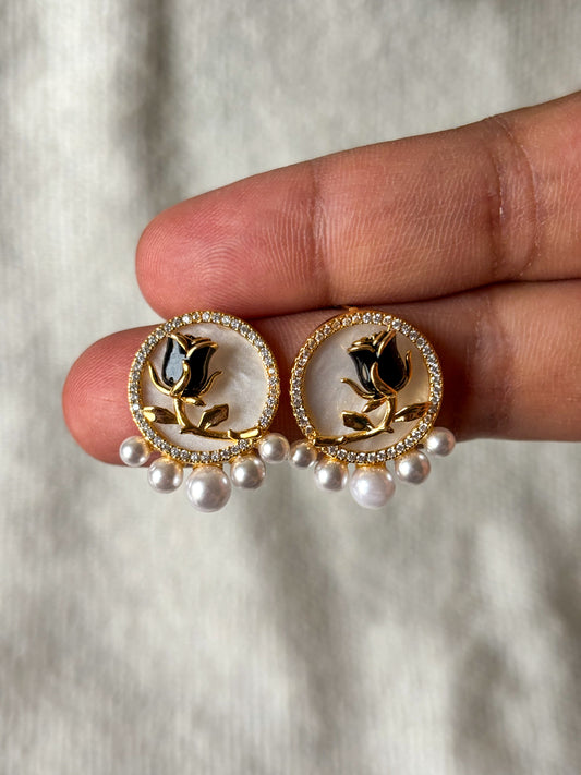 Pearl Studs with Black Rose Embellishment – Anti Tarnish