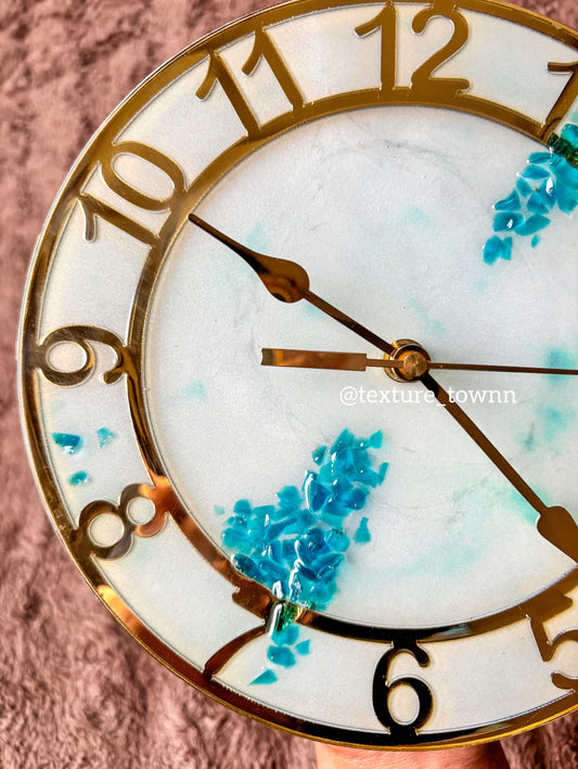 Ice Blue & Pearl White Resin Wall Clock – Handmade Home Décor