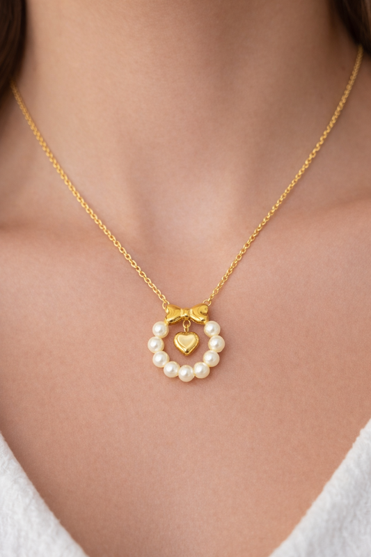 Gold Pearl Heart Pendant Necklace
