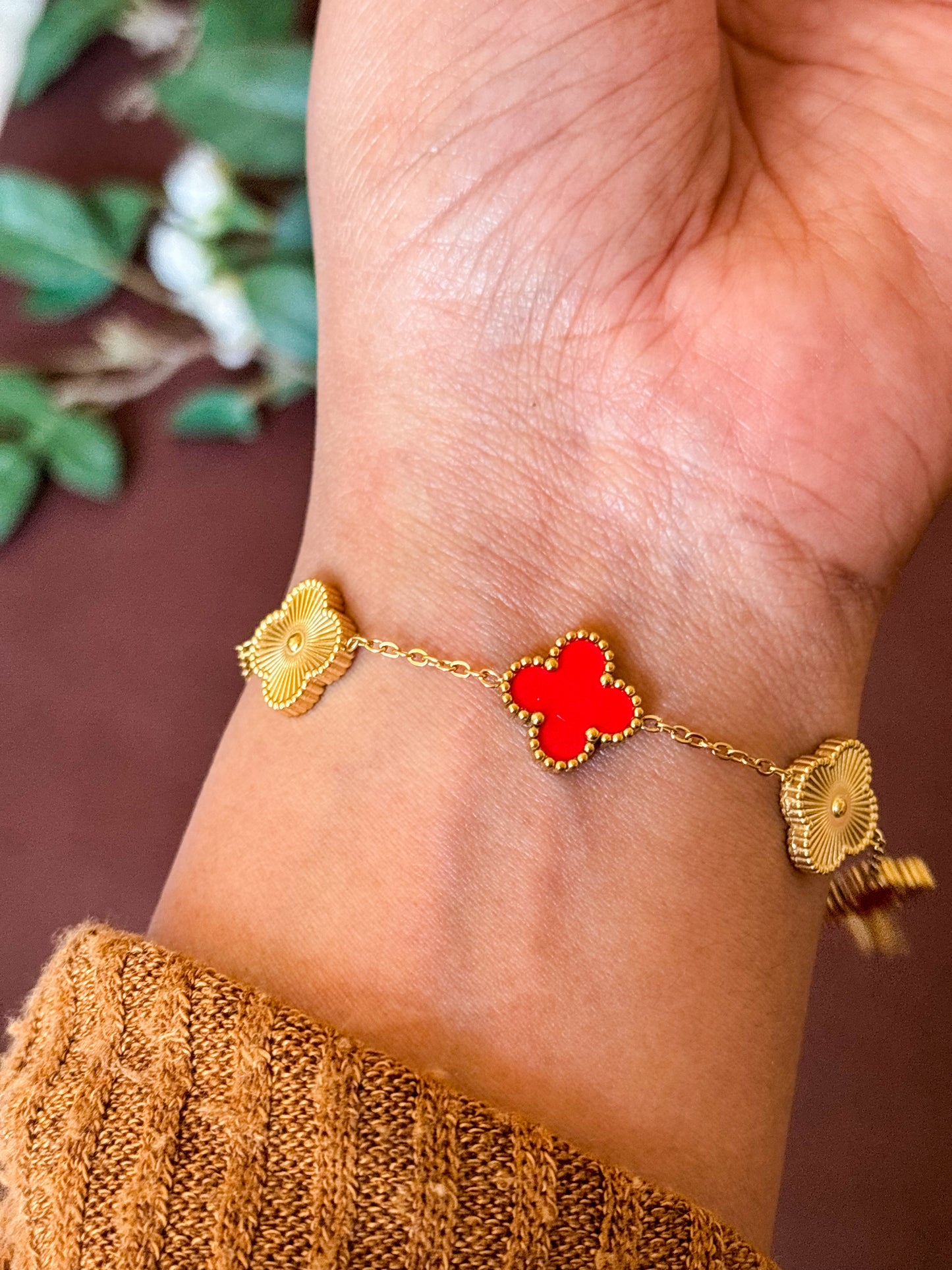 Red & Gold Classic Clover Charm Bracelet - Perfect for Stacking