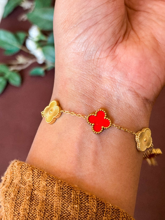 Red & Gold Classic Clover Charm Bracelet - Perfect for Stacking