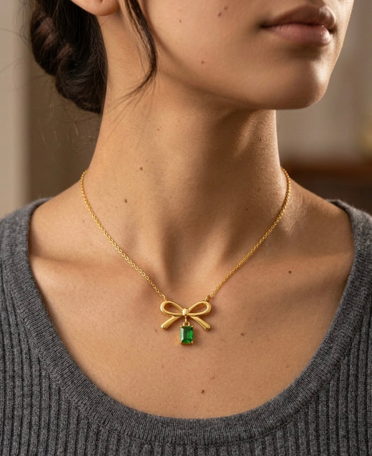 Mini Bow & Emerald Pendant