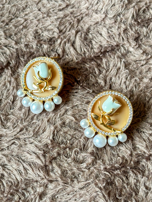 Pearl Studs with White Rose Embellishment – Anti Tarnish