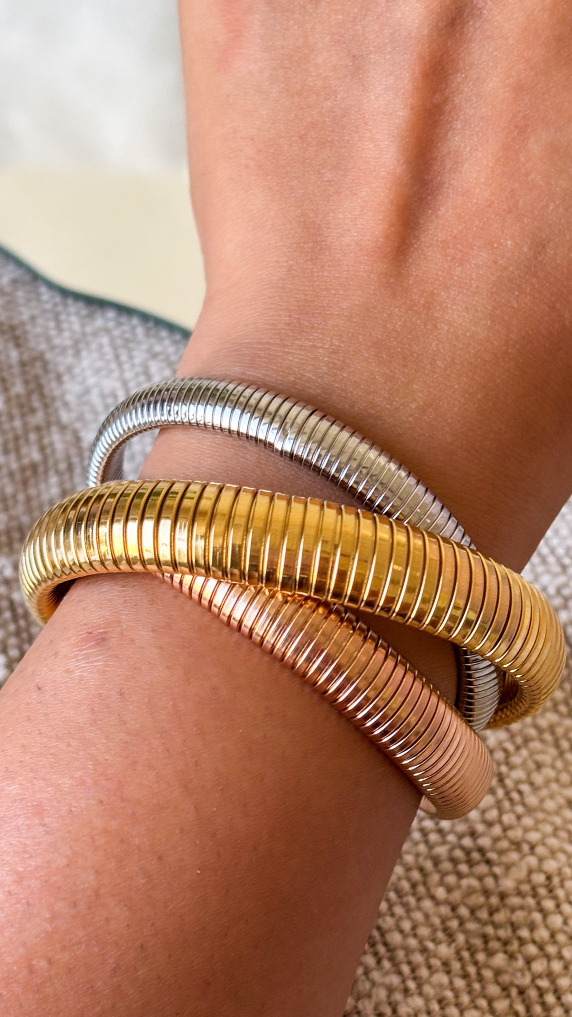 3 Layered Intertwined Chunky Bracelet – Gold, Rose Gold & Silver