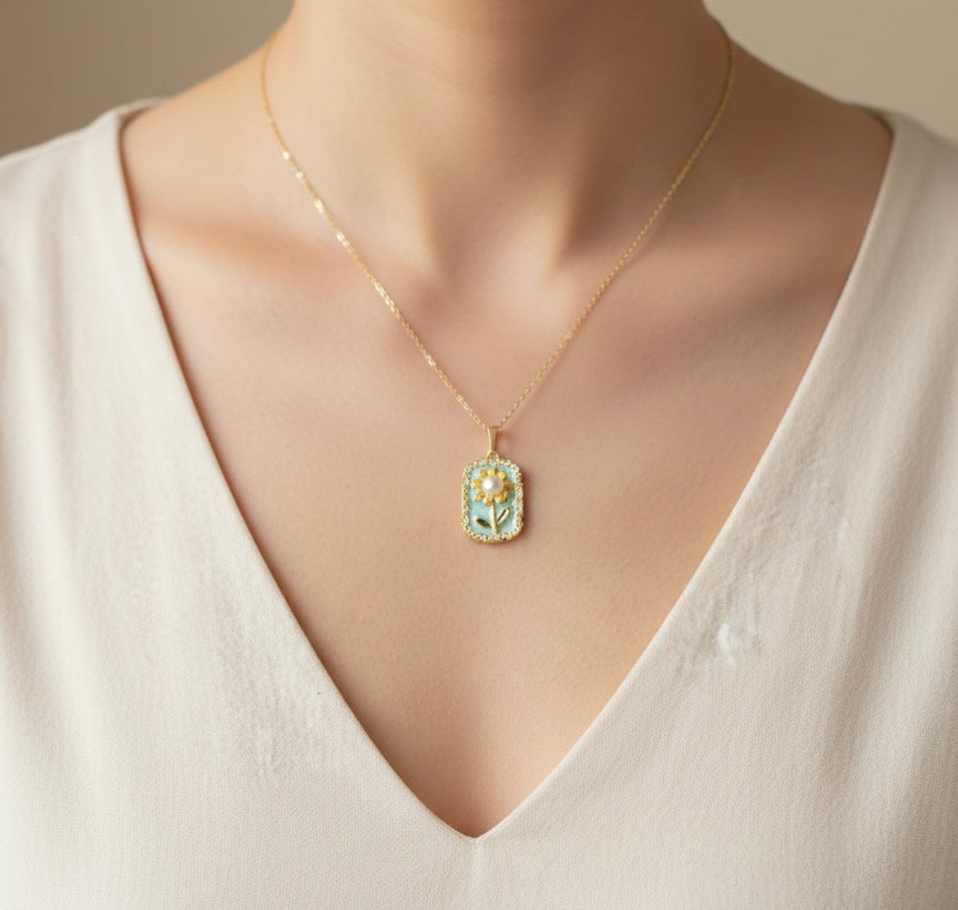 Gold Sunflower Enamel Pendant Necklace