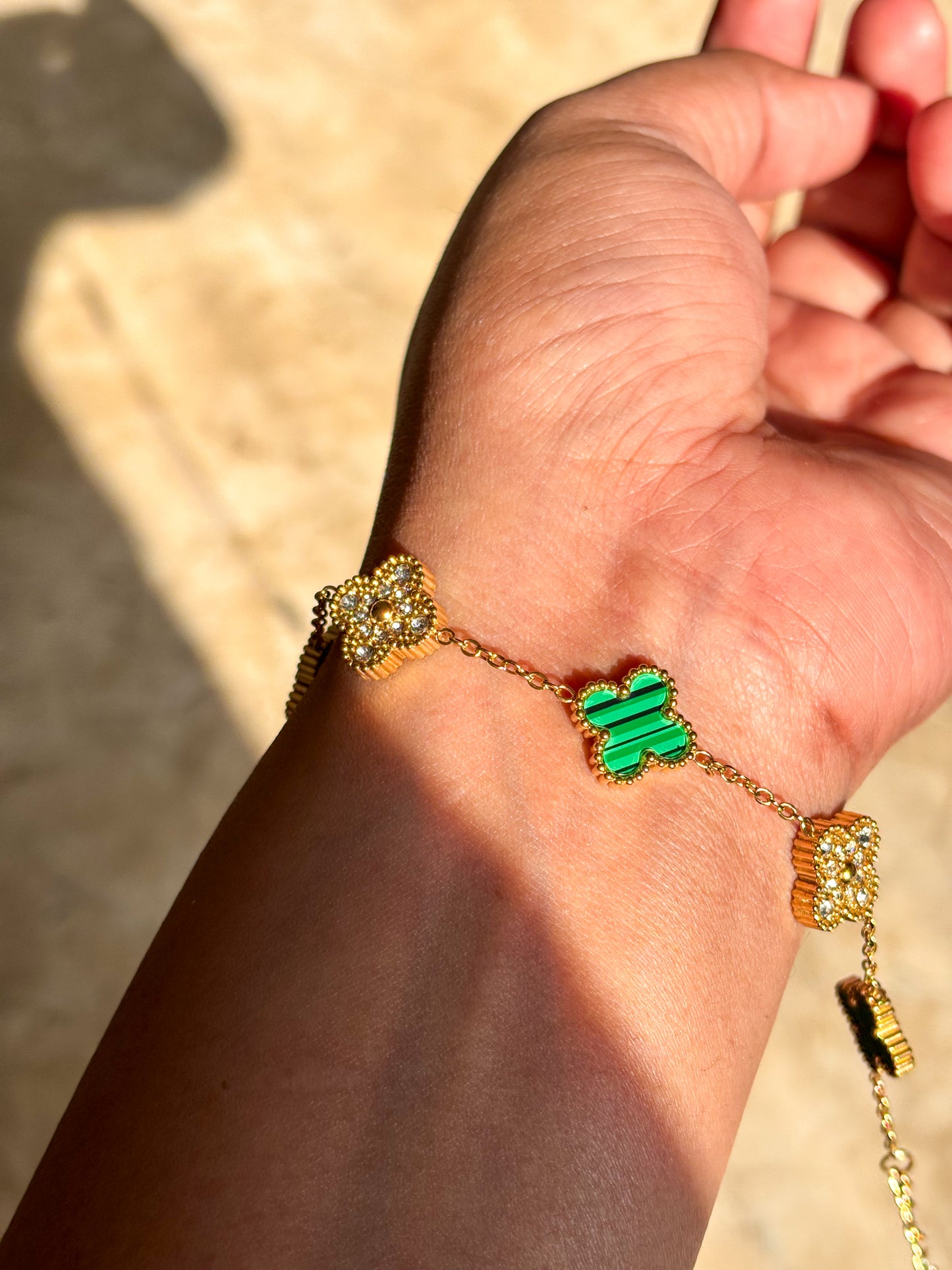 Green & Golden Clover Bracelet with Mini Diamonds Durable, Stylish & Stack-Friendly