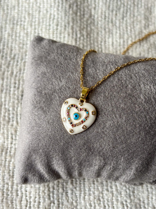 White Heart Evil Eye Necklace