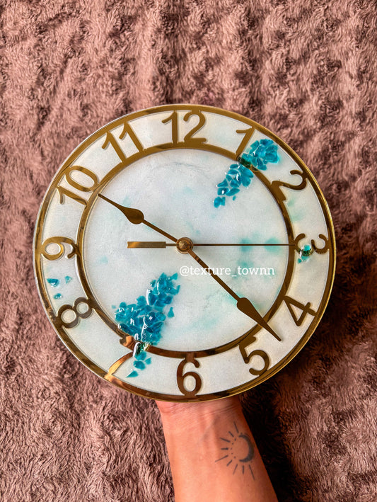 Ice Blue & Pearl White Resin Wall Clock – Handmade Home Décor