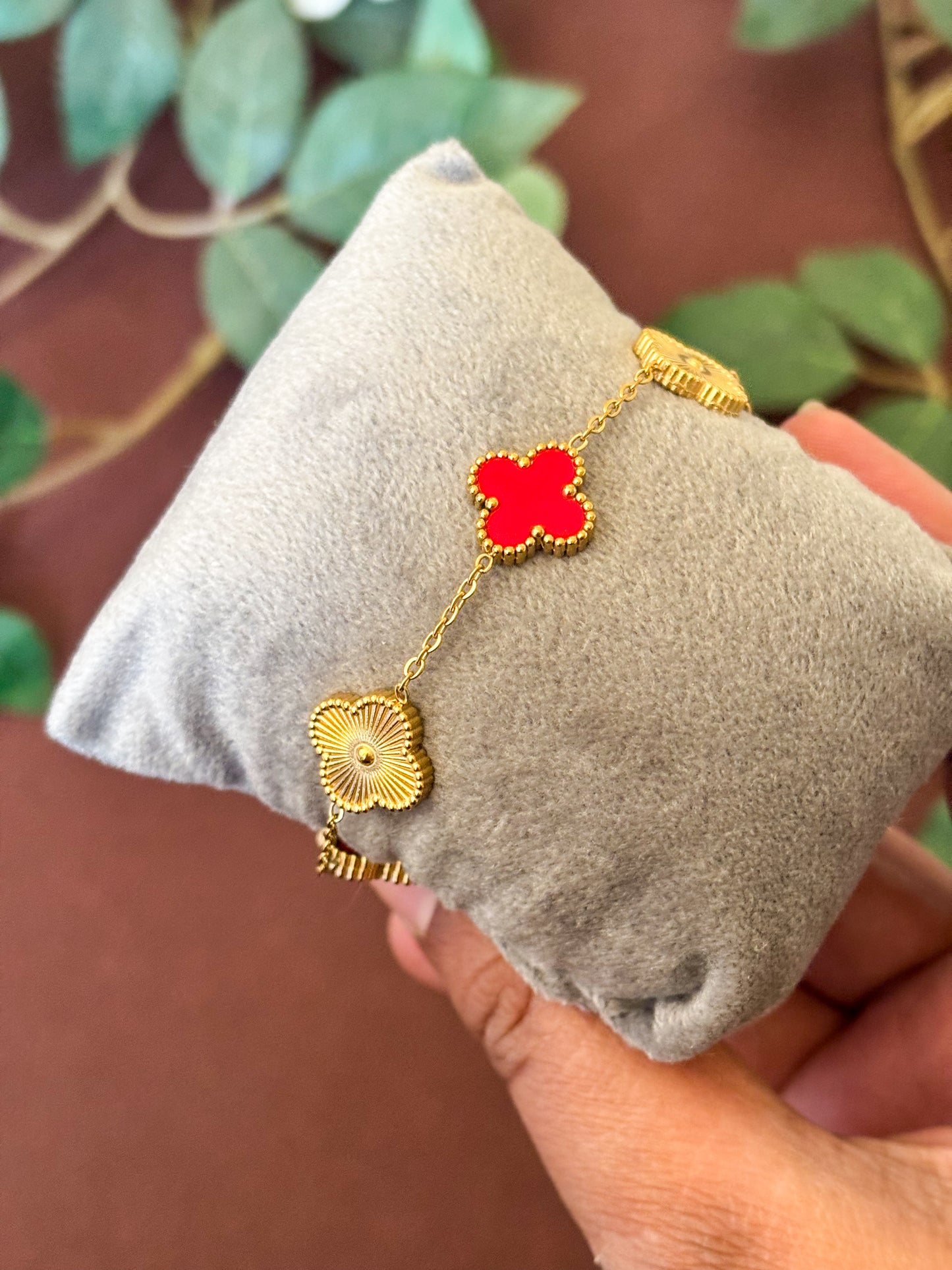 Red & Gold Classic Clover Charm Bracelet - Perfect for Stacking