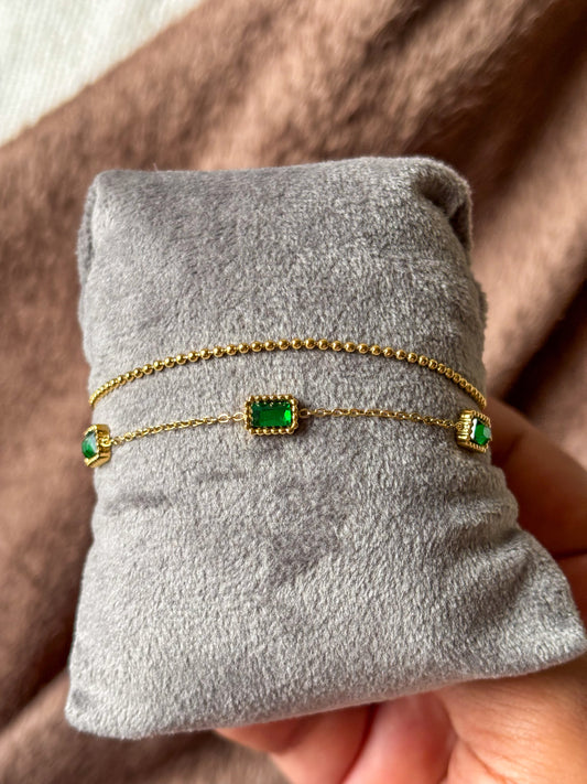Emerald & Gold Dual Chain Bracelet