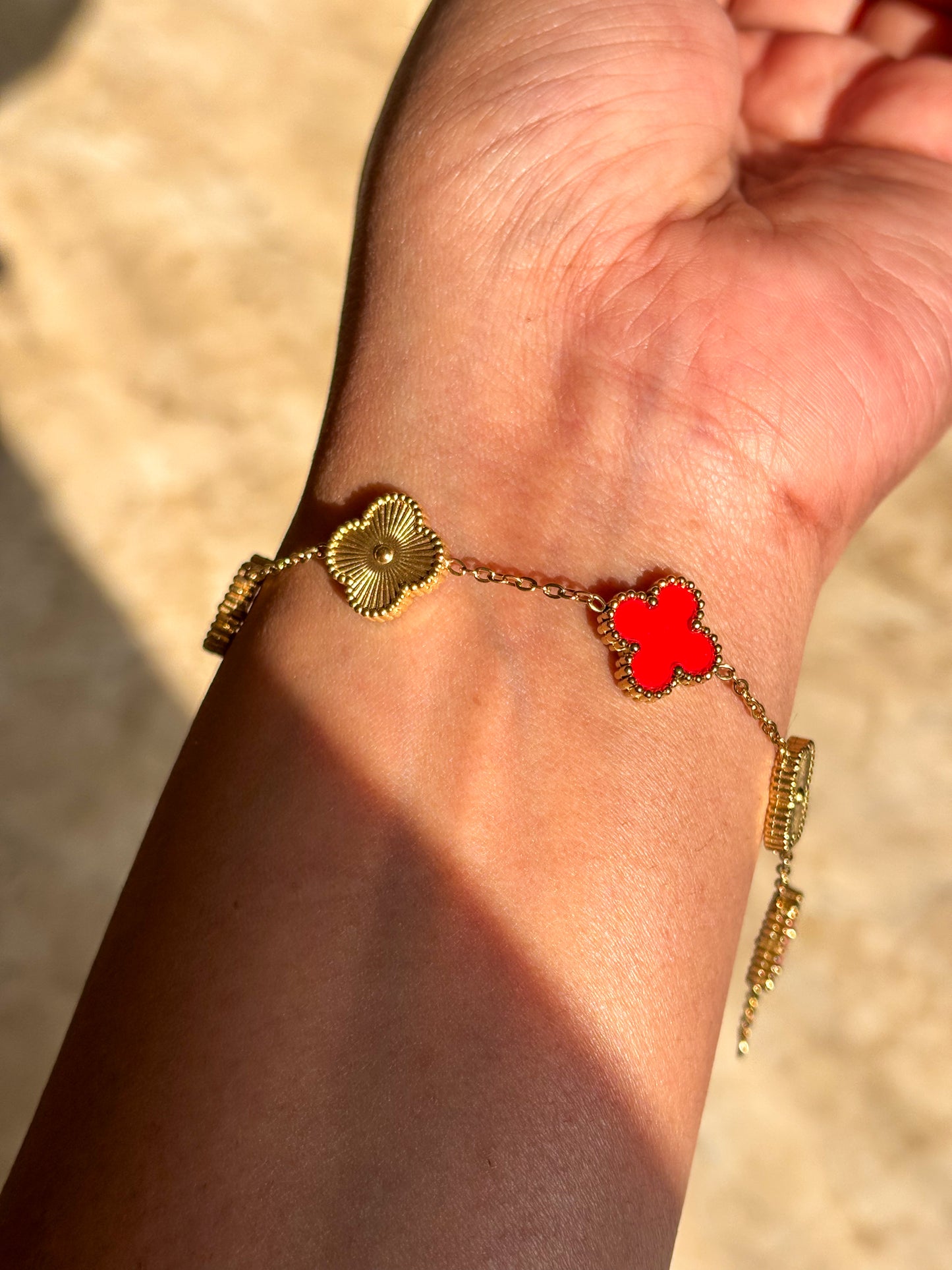 Red & Gold Classic Clover Charm Bracelet - Perfect for Stacking