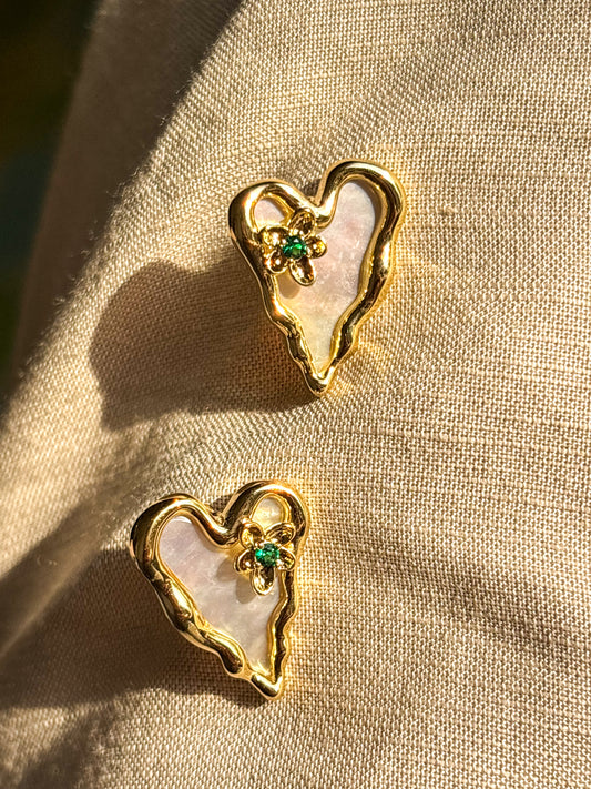 Heart Stud with Emerald Flower