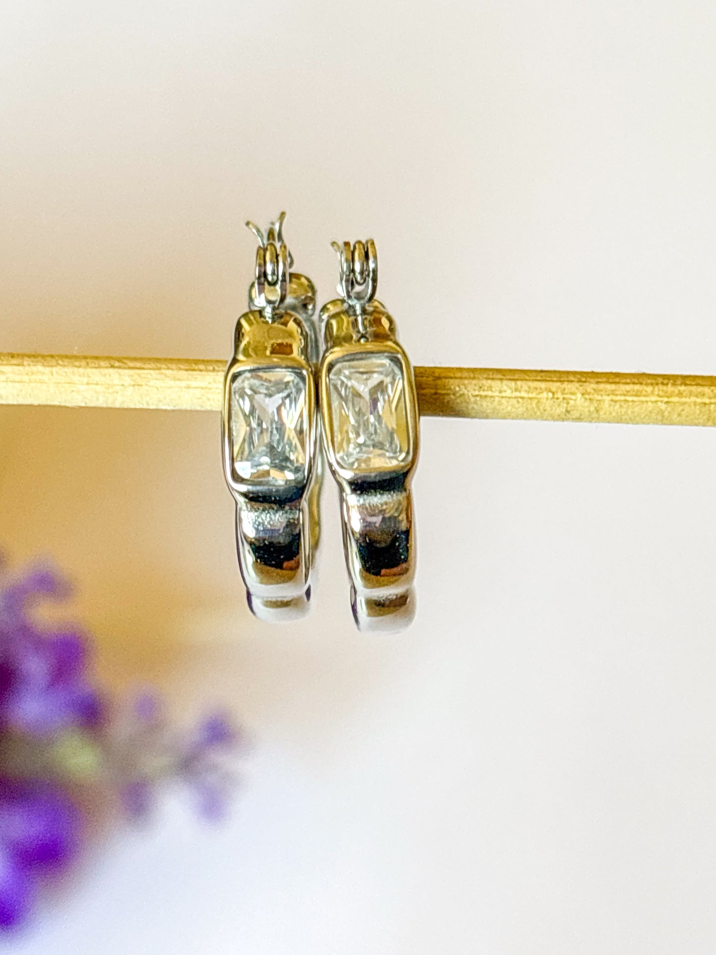 Silver Hoops with White Stone Anti-Tarnish Stainless Steel