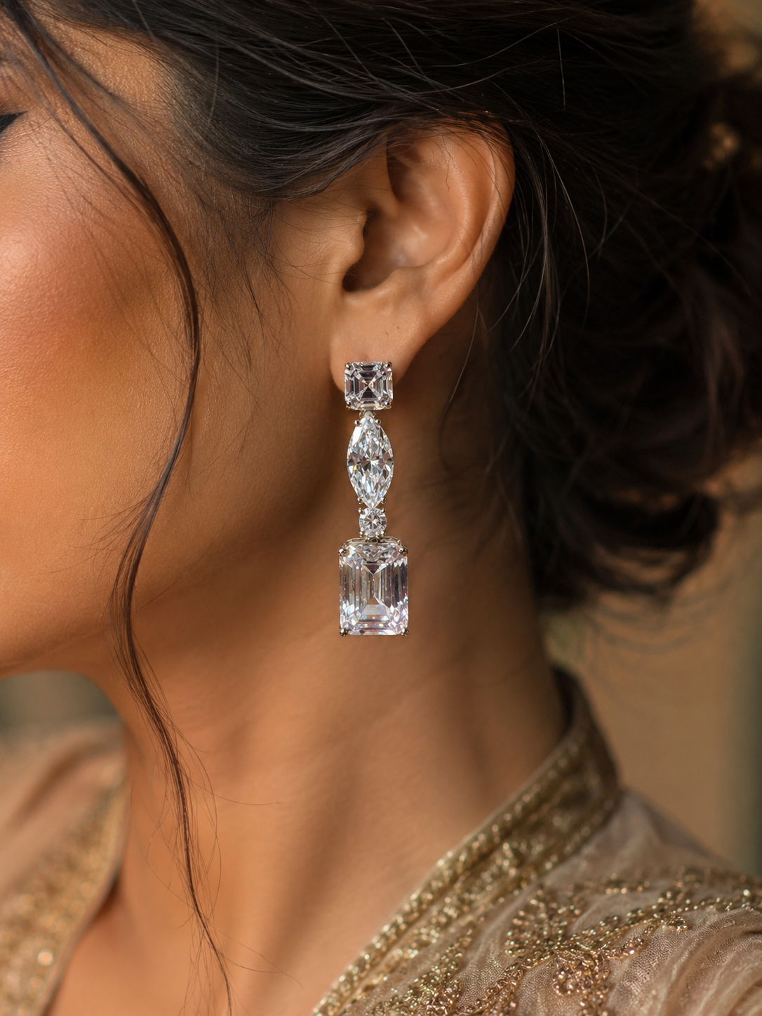 Elegant AD drop earrings with emerald-cut and marquise-shaped stones. Sparkling silver-tone statement earrings perfect for weddings, festive wear and party looks.