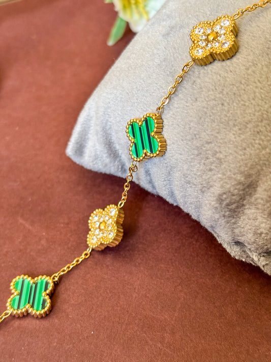 Green & Golden Clover Bracelet with Mini Diamonds Durable, Stylish & Stack-Friendly