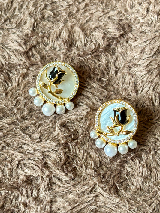 Pearl Studs with Black Rose Embellishment – Anti Tarnish