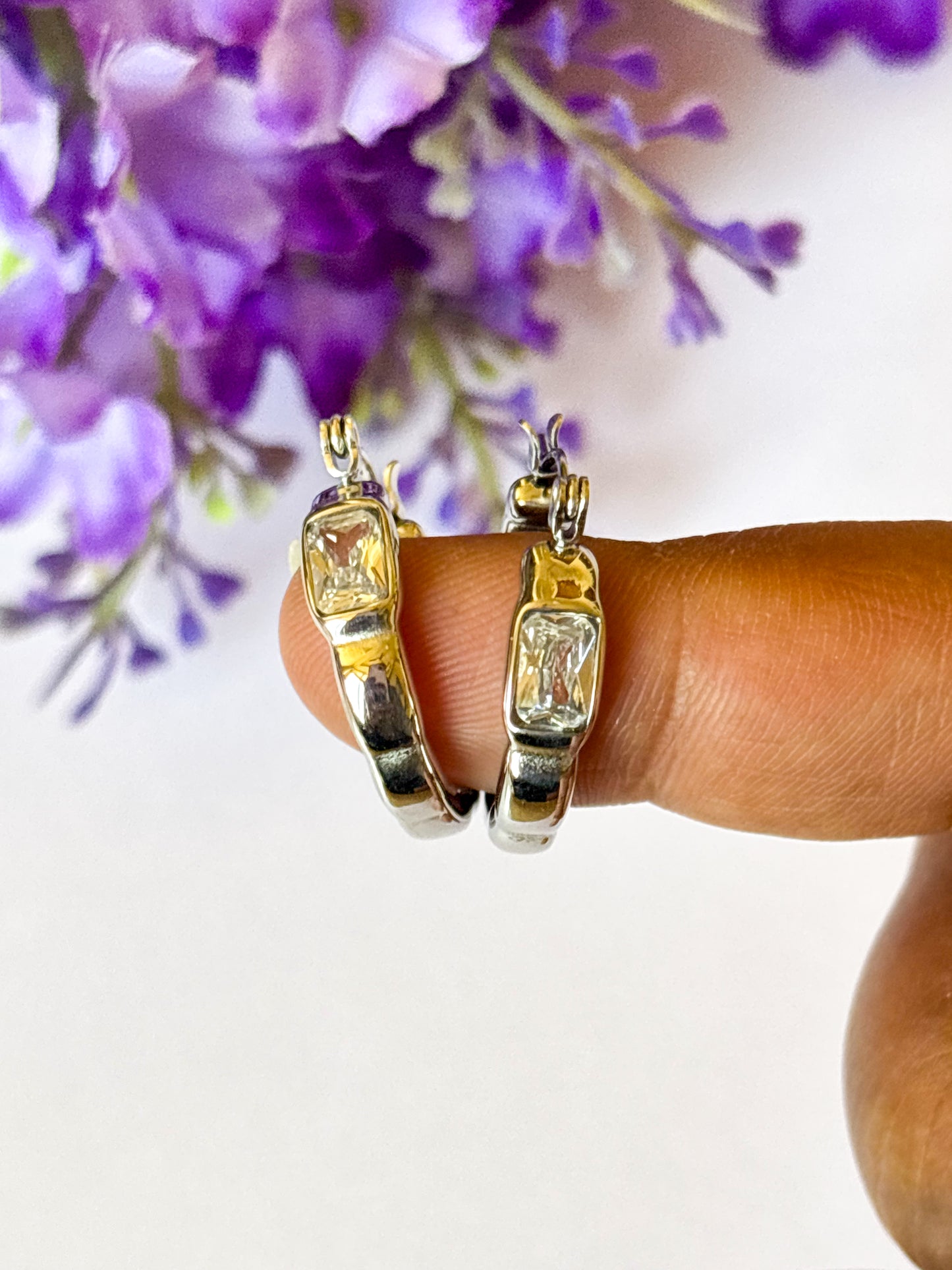 Silver Hoops with White Stone Anti-Tarnish Stainless Steel