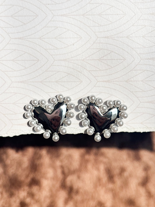 Silver Heart Pearl Studs