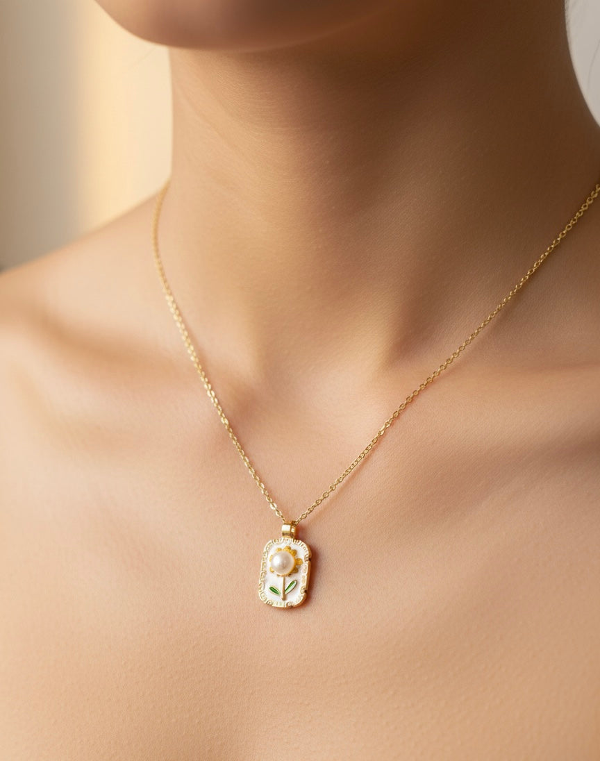 Enamel Flower & Pearl Pendant Necklace