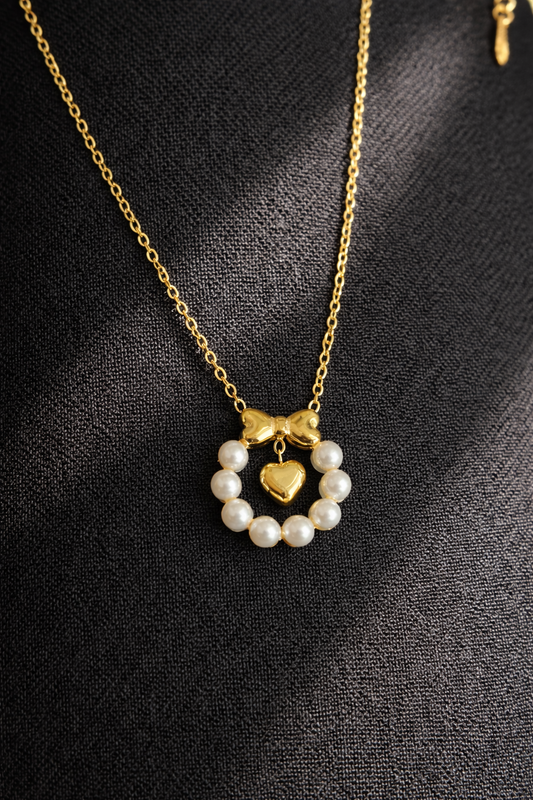 Gold Pearl Heart Pendant Necklace