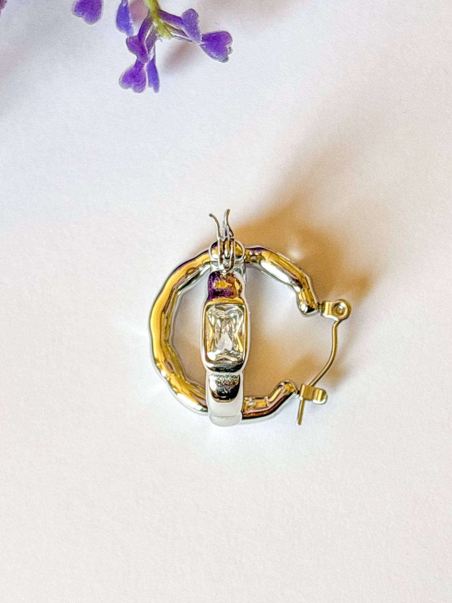 Silver Hoops with White Stone Anti-Tarnish Stainless Steel