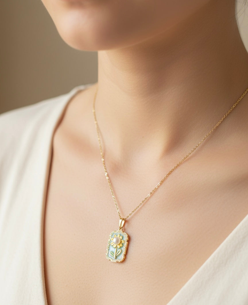 Gold Sunflower Enamel Pendant Necklace