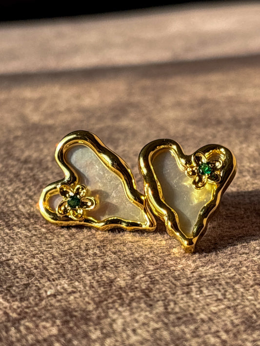 Heart Stud with Emerald Flower