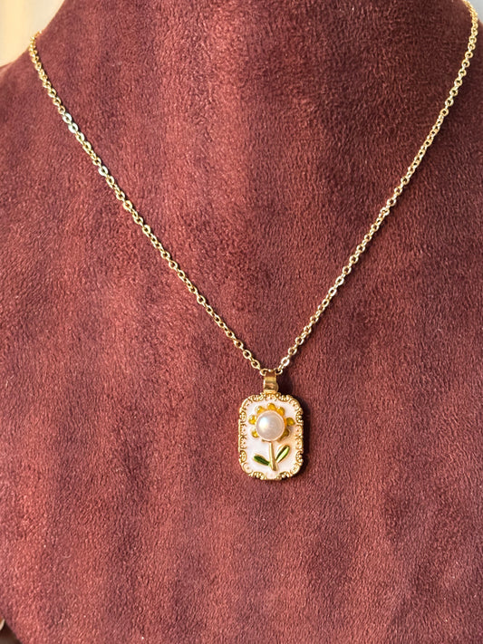 Enamel Flower & Pearl Pendant Necklace