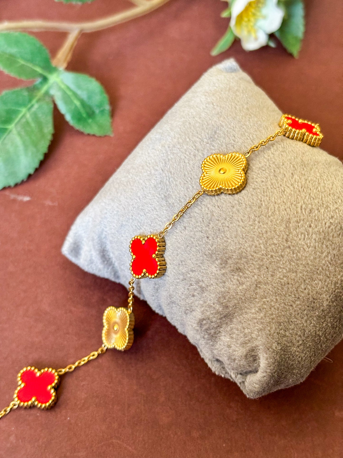 Red & Gold Classic Clover Charm Bracelet - Perfect for Stacking