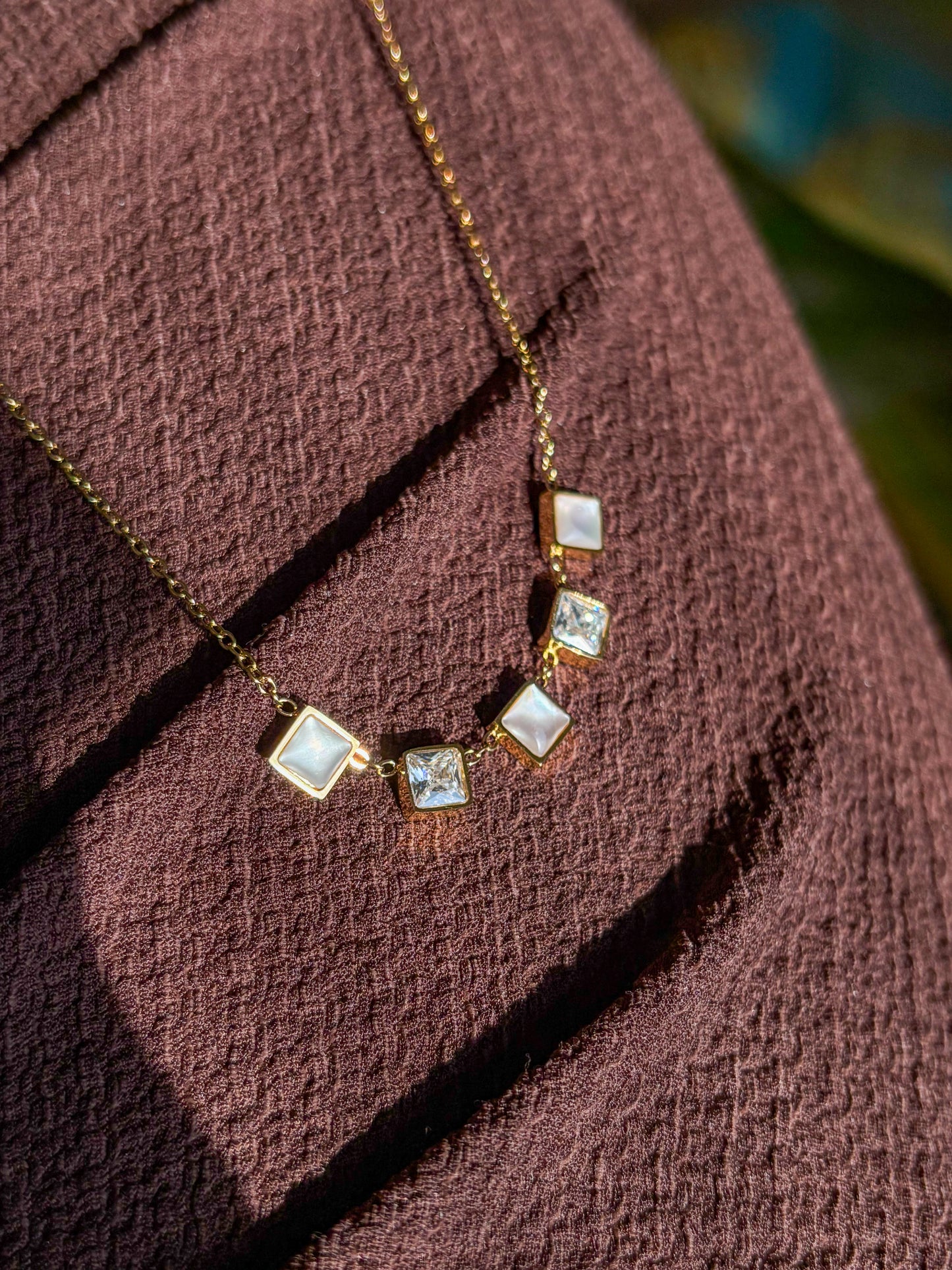 Anti-tarnish dainty necklace with geometric square details and subtle sparkle