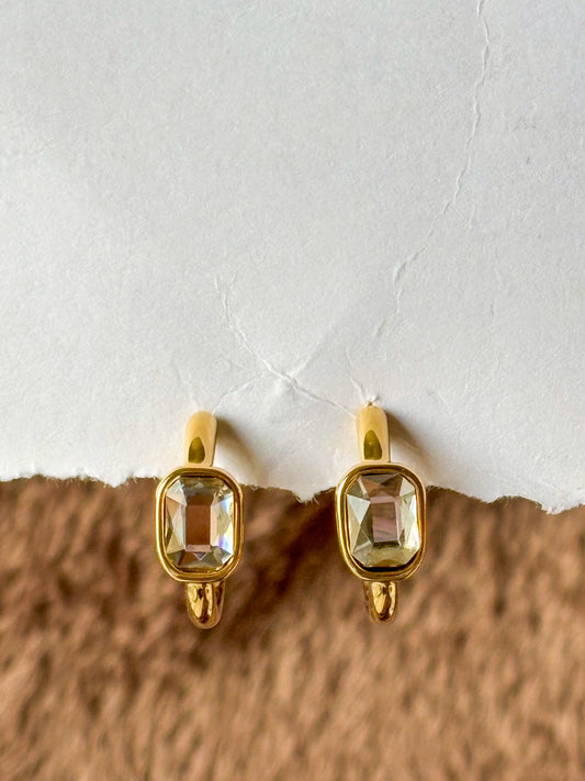 Minimal Gold Half Hoop Earrings with Emerald-Cut Crystal