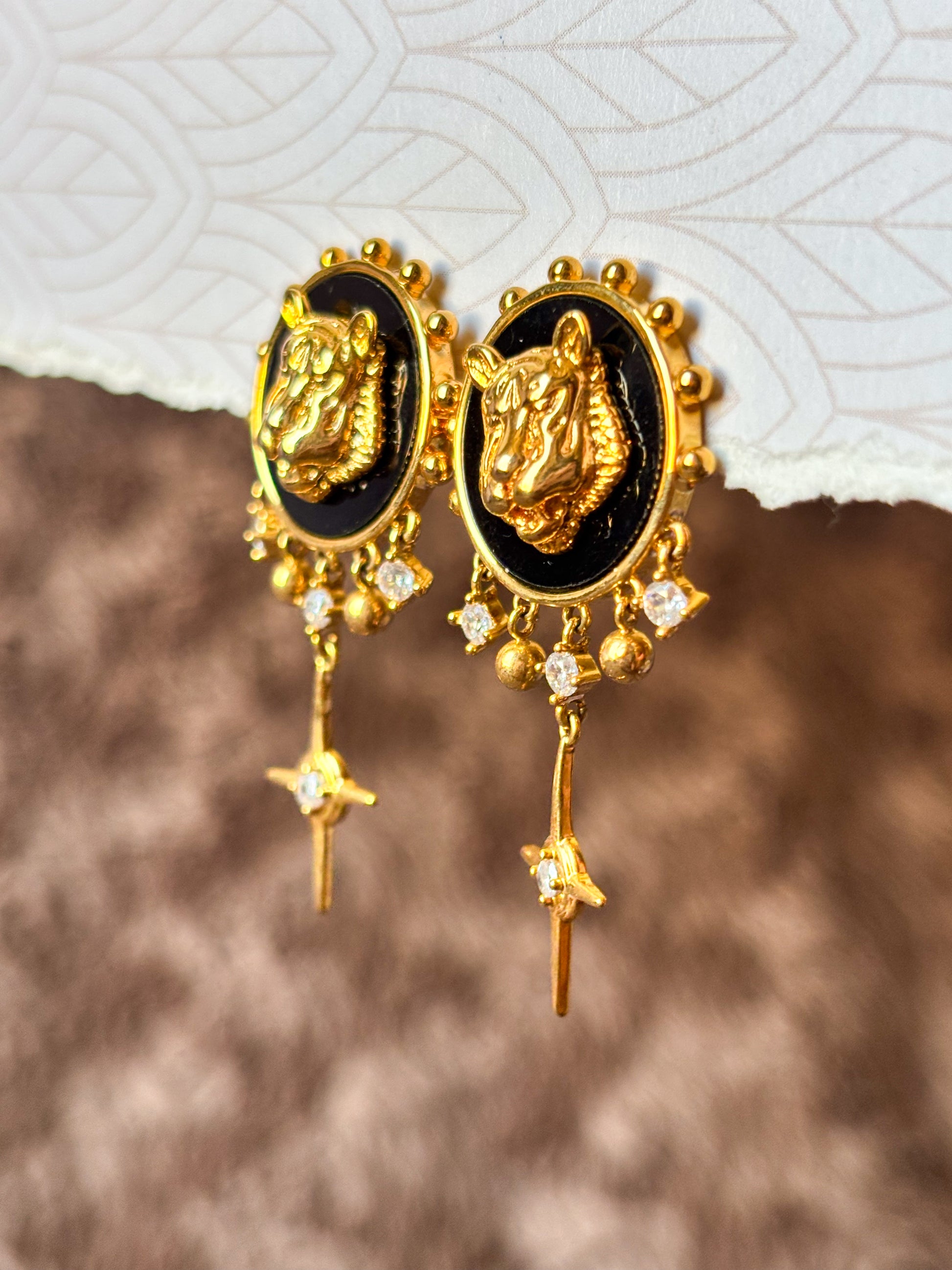 Gold and Black Tiger Statement Earrings with crystal drops