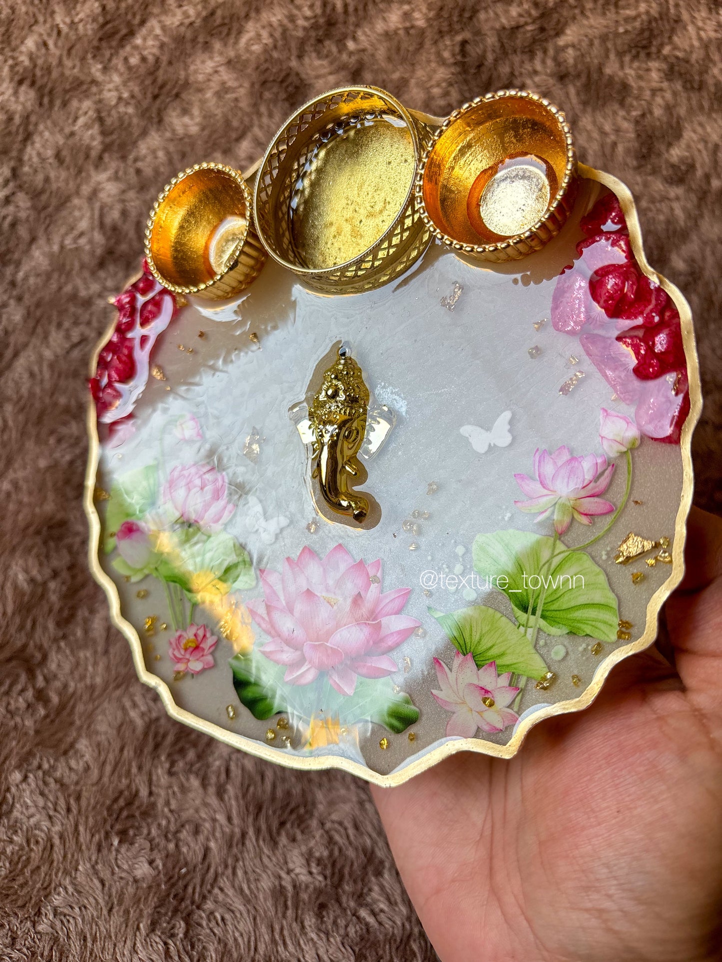 Handmade Resin Lotus Pooja Thali with Diya Holders & Ganesha Motif