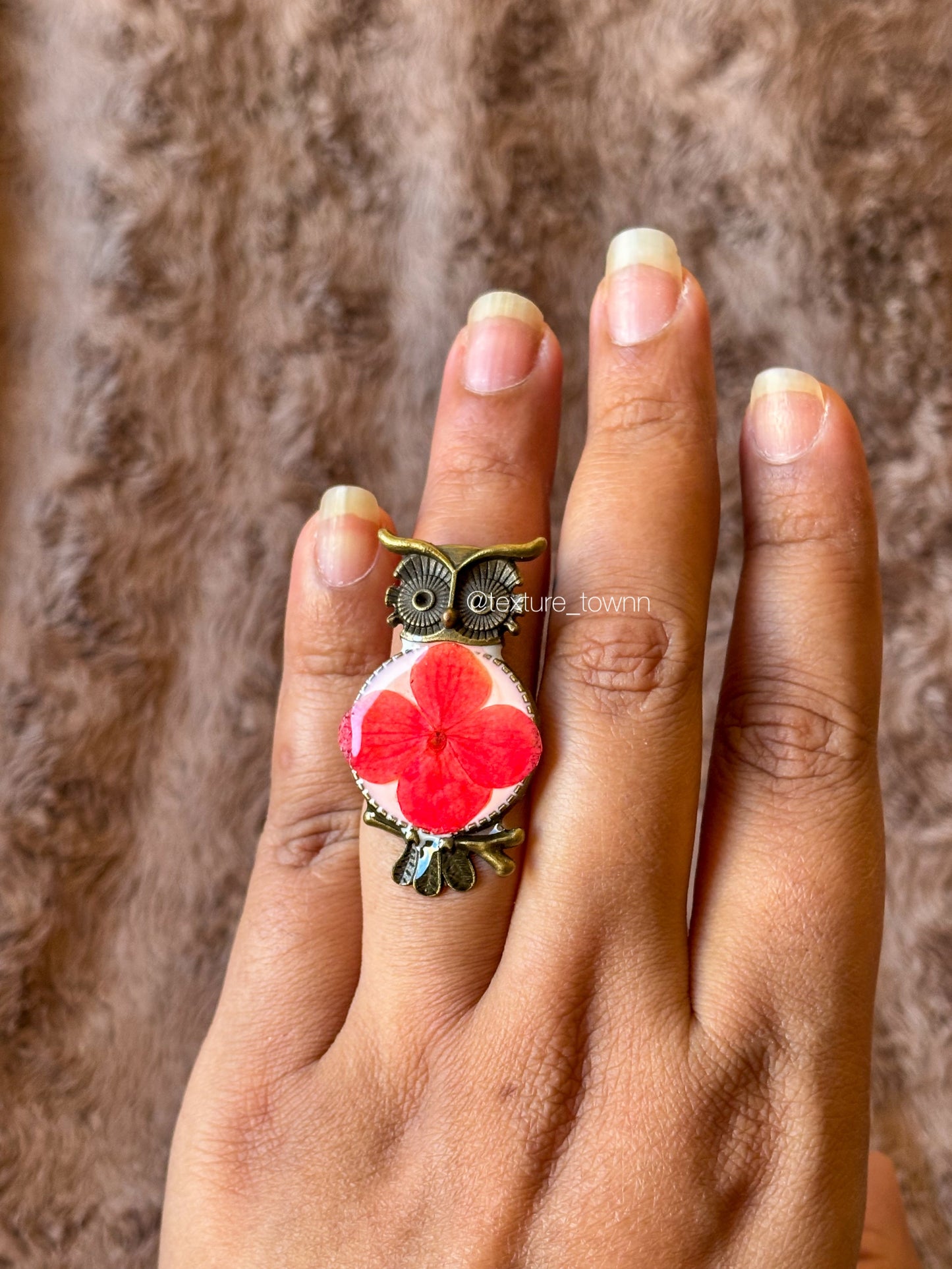 Vintage Owl Floral Resin Ring