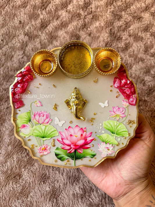 Handmade Resin Lotus Pooja Thali with Diya Holders & Ganesha Motif