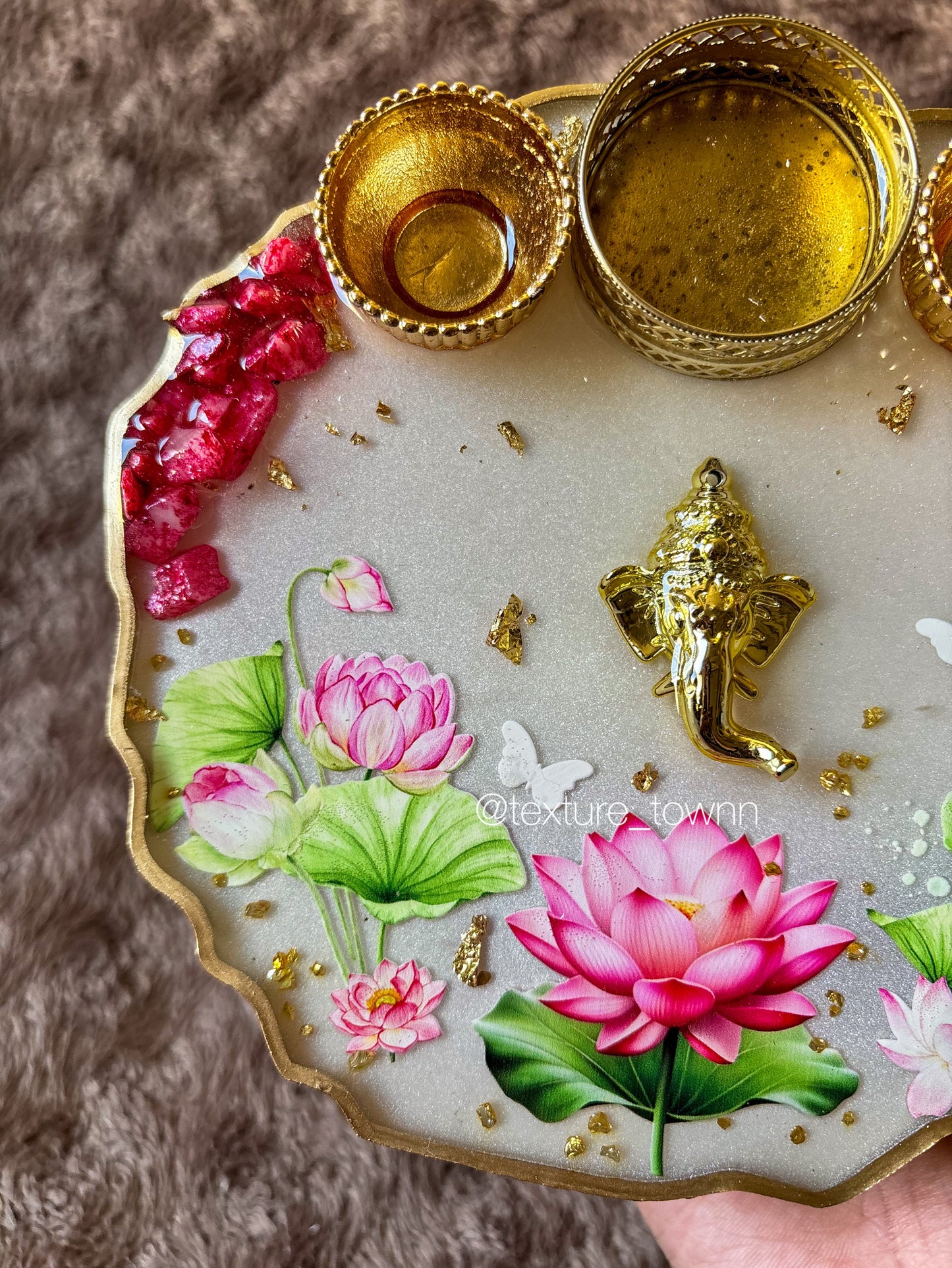 Handmade Resin Lotus Pooja Thali with Diya Holders & Ganesha Motif