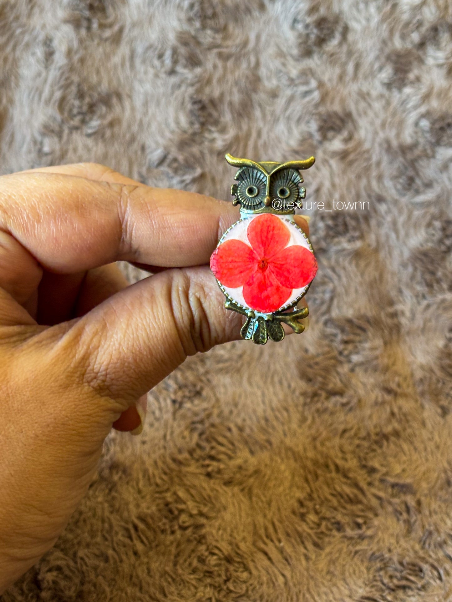 Vintage Owl Floral Resin Ring