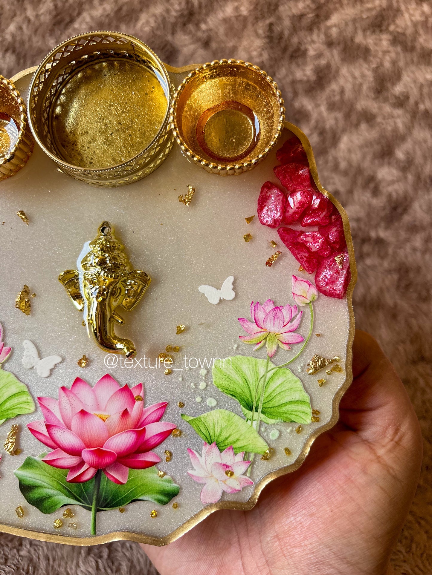 Handmade Resin Lotus Pooja Thali with Diya Holders & Ganesha Motif