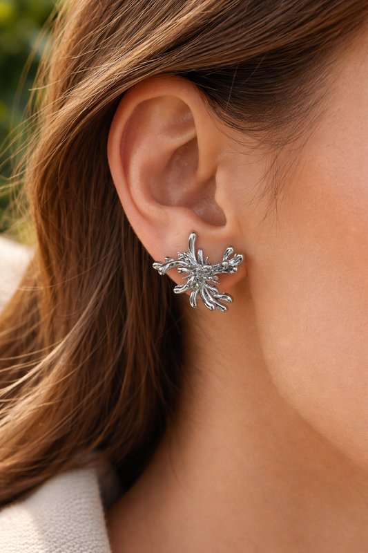 Silver Abstract Floral Studs
